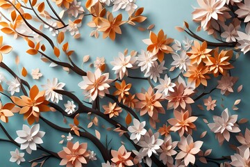 Elegant colorful 3d flowers with leaves on a tree illustration background. 3d abstraction wallpaper for Interior mural painting wall art décor. Tree branches leaves with flowers hanging on wall 