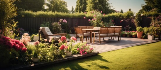 Beautifully decorated backyard with pots and flowers, beautiful green grass in the backyard - obrazy, fototapety, plakaty