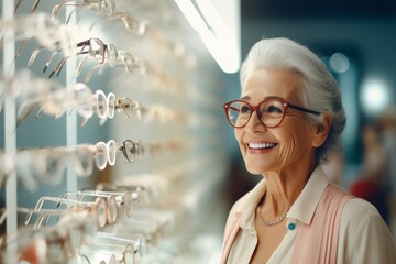 An elderly gray-haired woman chooses glasses in an optics store. - Powered by Adobe