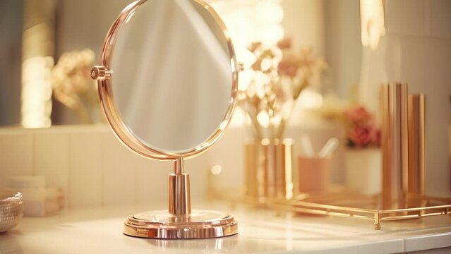Closeup of a goldplated vanity mirror, adding a touch of elegance to the lavishly appointed bathroom.