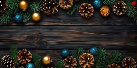 Fototapeta na wymiar Rustic elegance. Festive christmas composition with frame branches and shiny ornaments. Vintage charm. Celebrating xmas with wooden table setting adorned by pine branches and golden decorations