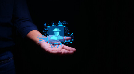 Online internet and network security concept, HUD Hologram showing network protection over hand....