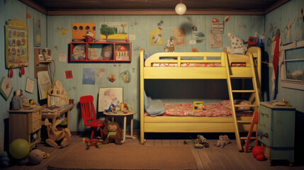 A room with a bunk bed and a desk - obrazy, fototapety, plakaty