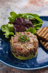 Fresh Tatar on a plate. Close-up