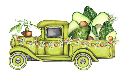 Avocado truck. Watercolor Avocado. Handdrawn Avocado