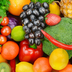 bright background from various vegetables and fruits.