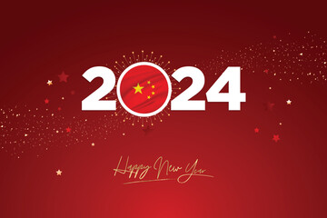 Colorful Happy New Year Festival Design Banner, New Year 2024 Logo with Chinese Flag on Red-Maroon Confetti and star Background, Calendar 2024, Social Media New Year Banner, Post Card, Greetings