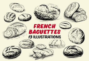 Collection of drawn french baguettes. Sketch illustration	