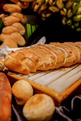 Assortment of fresh pastry displayed in buffet. Catering for birthday, wedding, Sunday brunch or other event