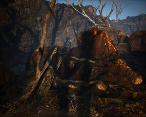 Arid landscape with rock formations and some dead trees.