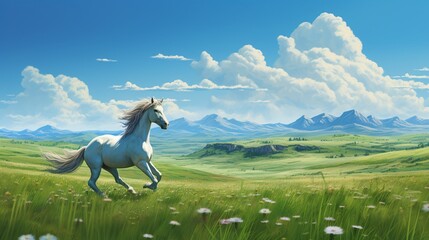 Obraz na płótnie Canvas a horse grazing in a vast green field, its mane flowing in the wind under a clear, azure sky.