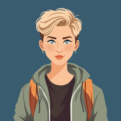 A young confident girl with a serious look, with a short haircut and wearing a sweatshirt. Concept feminist, diversity, androgyne. Flat vector illustration.