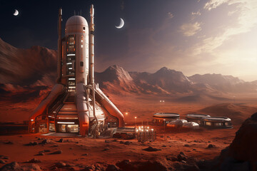 Mars Colonization Mission with Futuristic Spacecraft - obrazy, fototapety, plakaty