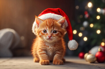 Fototapeta na wymiar cat in christmas hat. cute red kitten in a Santa Claus hat. new year concept
