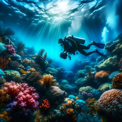 Naklejka na ściany i meble Scuba diver exploring a coral reef
