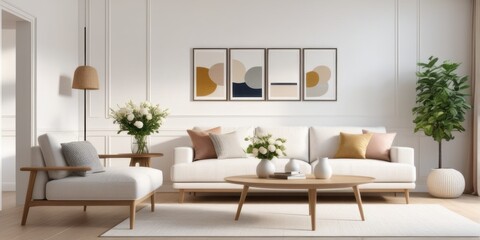 Interior design photo frame mock-up living room minimalist cozy Scandinavian style. sofa, tropical plant, pillows, blanket and lamp