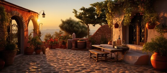 Courtyard with terrace at sunset, bright shades - obrazy, fototapety, plakaty