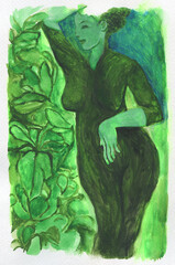 abstract woman with plants. watercolor painting. illustration - 686734166