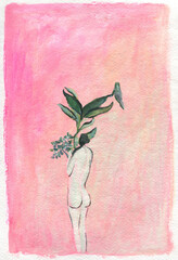 woman with plants. watercolor painting. illustration - 686734167