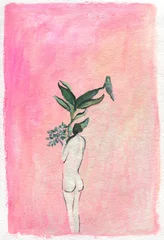 Fotobehang woman with plants. watercolor painting. illustration © Anna Ismagilova