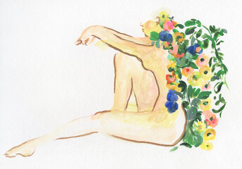 abstract woman with flowers. watercolor painting. illustration