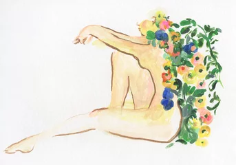Fotobehang abstract woman with flowers. watercolor painting. illustration © Anna Ismagilova