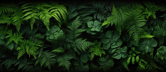 Dark green tropical fern leaves background, Panoramic backdrop. nature concept - obrazy, fototapety, plakaty