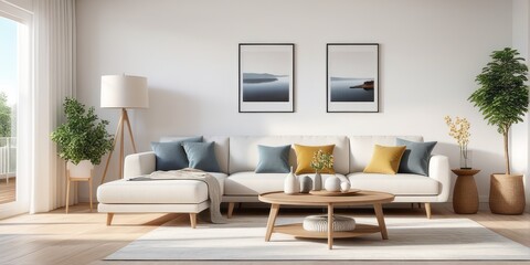 Fototapeta na wymiar Interior design photo frame mock-up living room minimalist cozy Scandinavian style. sofa, tropical plant, pillows, blanket and lamp