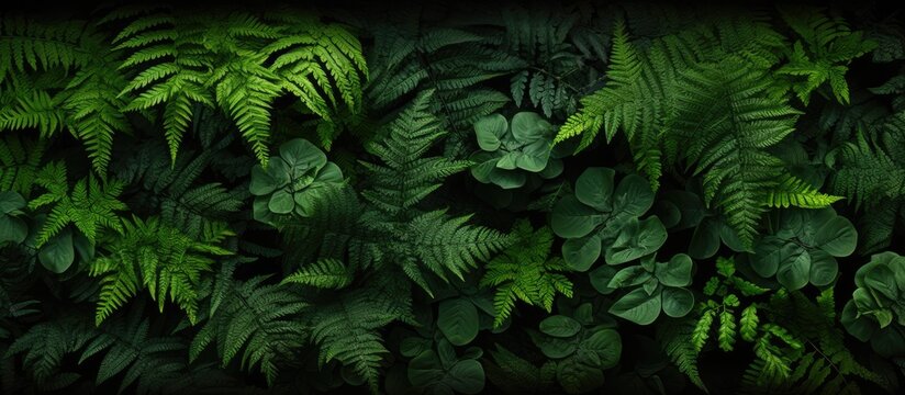 Dark green tropical fern leaves background, Panoramic backdrop. nature concept
