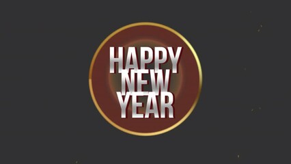 Retro Happy New Year text with gold confetti on black gradient, motion abstract minimalism, holidays and winter style background