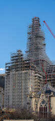 Paris, France - 11 30 2023: Notre Dame de Paris. Panoramic view of the renovation site with...