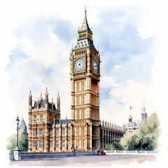 Fototapeta na wymiar Watercolor Big Ben single white background. AI generate illustration