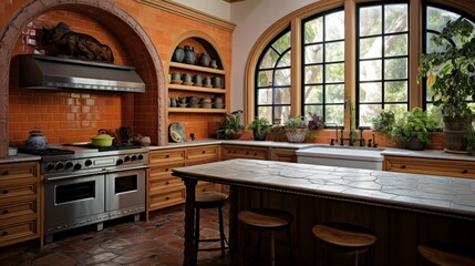 a Mediterranean-inspired kitchen with terracotta tiles, wrought iron accents, and a sunny, arched window.