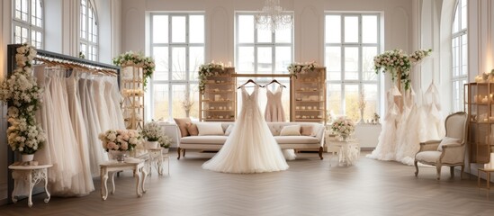 Elegant wedding dresses and shoes with bouquets displayed in the bridal dressing room - obrazy, fototapety, plakaty