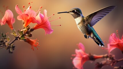 A mesmerizing hummingbird feeding on nectar from a desert blossom, a tiny jewel in the arid landscape.