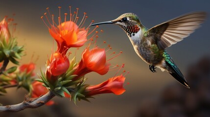 Naklejka premium A mesmerizing hummingbird feeding on nectar from a desert blossom, a tiny jewel in the arid landscape.