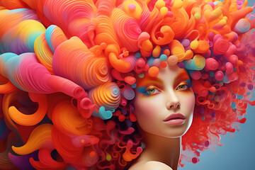 Gorgeous woman with fuzz colorful hairs, creative illustration