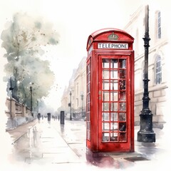 Fototapeta na wymiar Watercolor red London phone box single white background. AI generate illustration