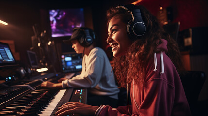 Photo of a diverse group of young adults collaborating in high-tech music studios, recording an inspiring song, smiling and enjoying the creative process