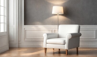 Empty wall Livingroom interior luxurious style. apartment wall mockup, wood flooring with armchair lamp.