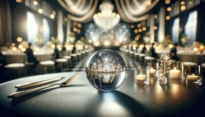 Elegant Banquet Hall with Crystal Ball Centerpiece - obrazy, fototapety, plakaty