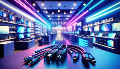 Futuristic Tech Store Interior with Neon Lighting and Cables