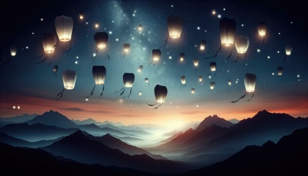 Enchanting Sky Lanterns Over Mountainous Landscape at Twilight
