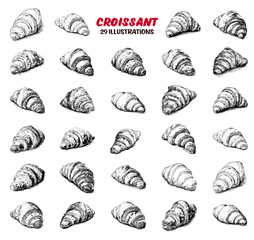 Collection of drawn croissants. Sketch illustration	