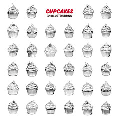 Collection of drawn cupcakes. Sketch illustration	