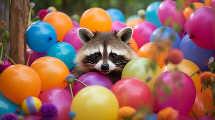 Fototapeta na wymiar A mischievous raccoon peeking out from a cluster of vibrant balloons in a backyard.