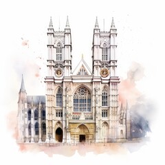 Watercolor Westminster Abbey single white background. AI generate illustration - obrazy, fototapety, plakaty