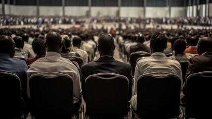 photo of Nigerians and Africans in a large conference hall in orange robes, rear view. concept: business, people, training, education - obrazy, fototapety, plakaty