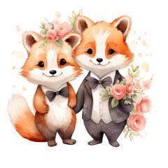 Love in Bloom: Red Pandas and Watercolor Petals Cute Couple Red Panda flower