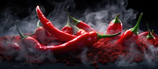 Foto op Canvas Hot red chili pepper isolated smoke, copy space background © GoDress